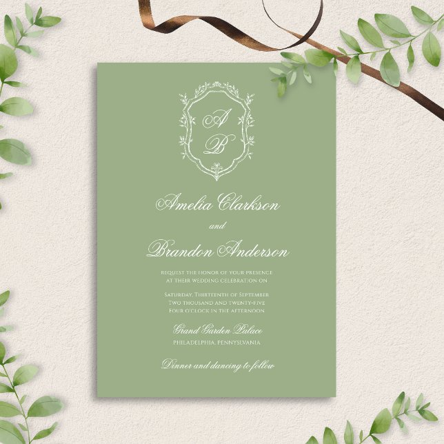 Classic Sage Green & White Monogram Crest Wedding Einladung (Von Creator hochgeladen)
