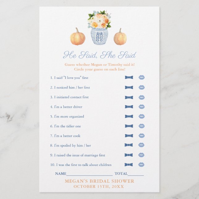 Classic sagte er sagte, sie sagte Brautparty-Spiel (Vorderseite)