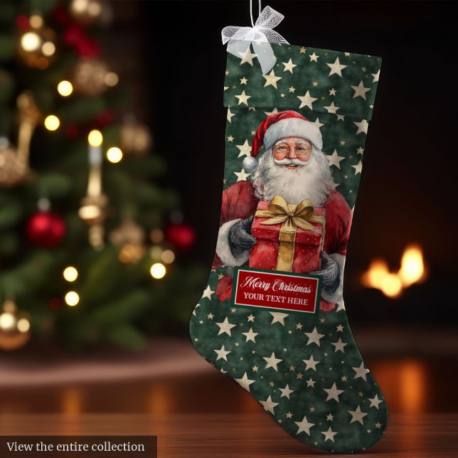 Classic Santa Strumpf mit Individuelle Name Red Gr Großer Weihnachtsstrumpf (Classic Santa Stocking with Custom Name Red Green)