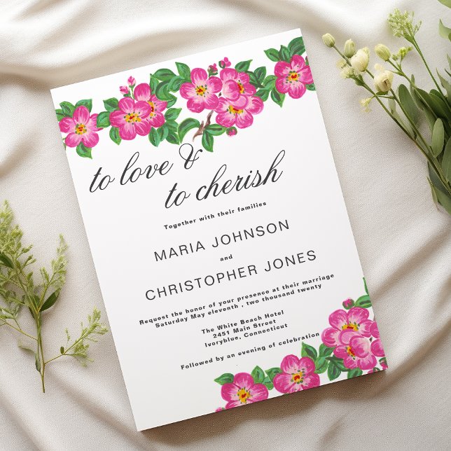 Classic script bright pink green floral wedding einladung (Classic script bright pink green floral wedding)