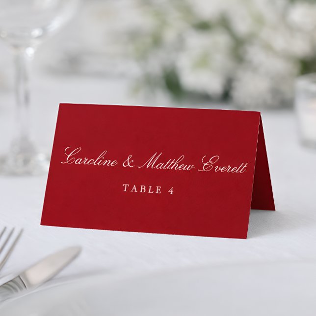 Classic Script Elegant Custom Names Red Place Card Tischnummer (Von Creator hochgeladen)