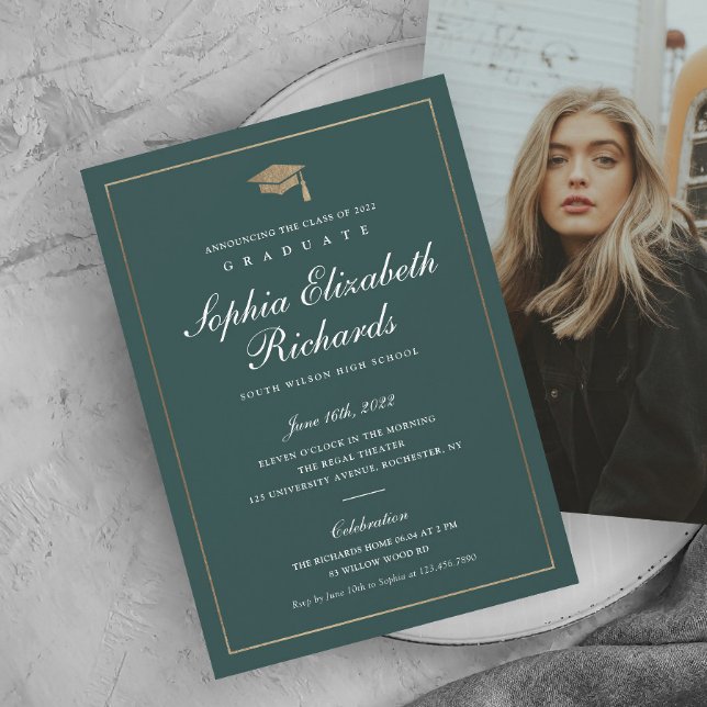 Classic Script Gold Photo Graduation Invitation (Elegant calligraphy green and gold photo graduation invitation.)
