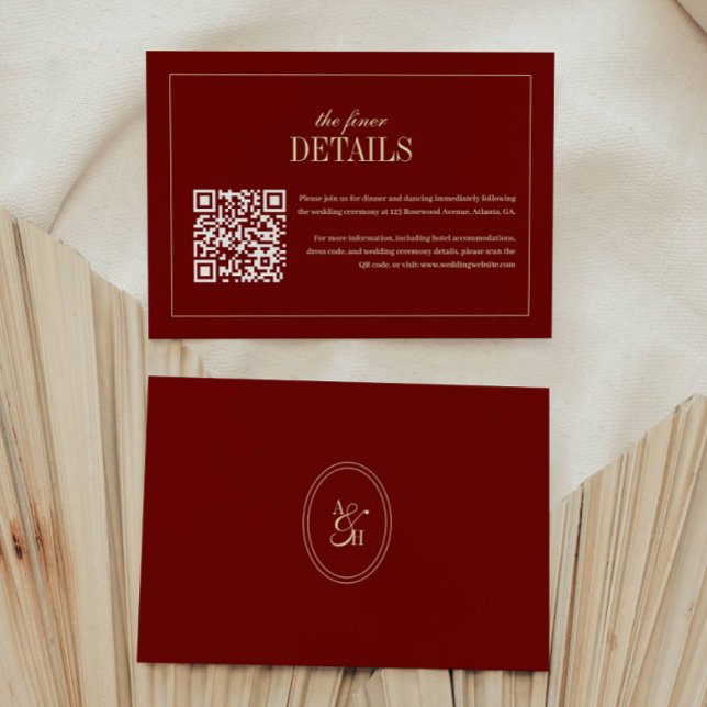 Classic Script Wine Red QR Code Wedding Details Begleitkarte (Von Creator hochgeladen)