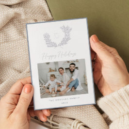 Classic Silver Blue and White Monogram Wappen Foto Folien Feiertagskarte