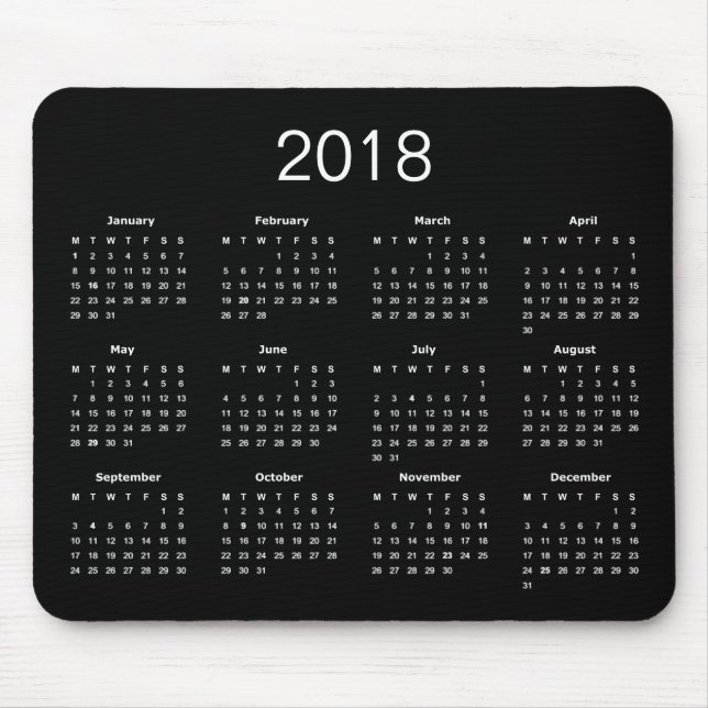 Classic Simple Black and White 2018 Calendar Mousepad (Vorne)