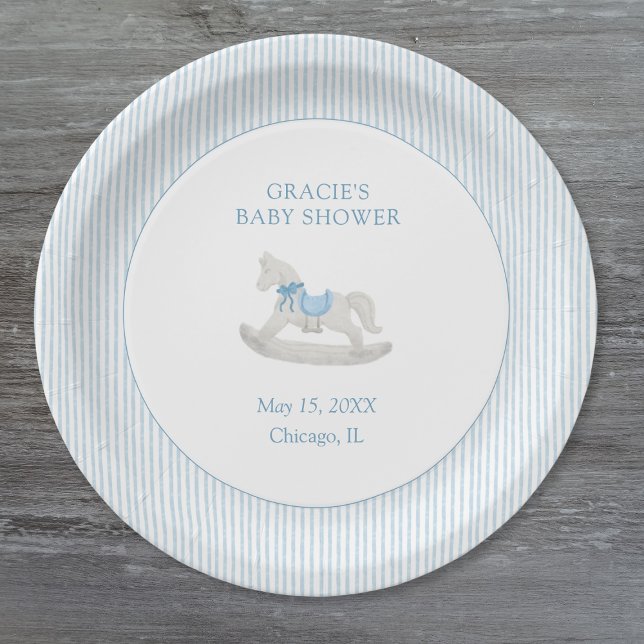 Classic Simple Blue Rocking Horse Boy Baby Shower Pappteller (Von Creator hochgeladen)