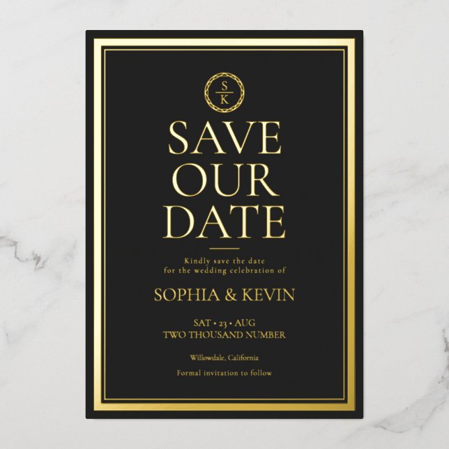 Classic Simple Elegant Gold Black Save the Date Folieneinladung (Vorderseite)