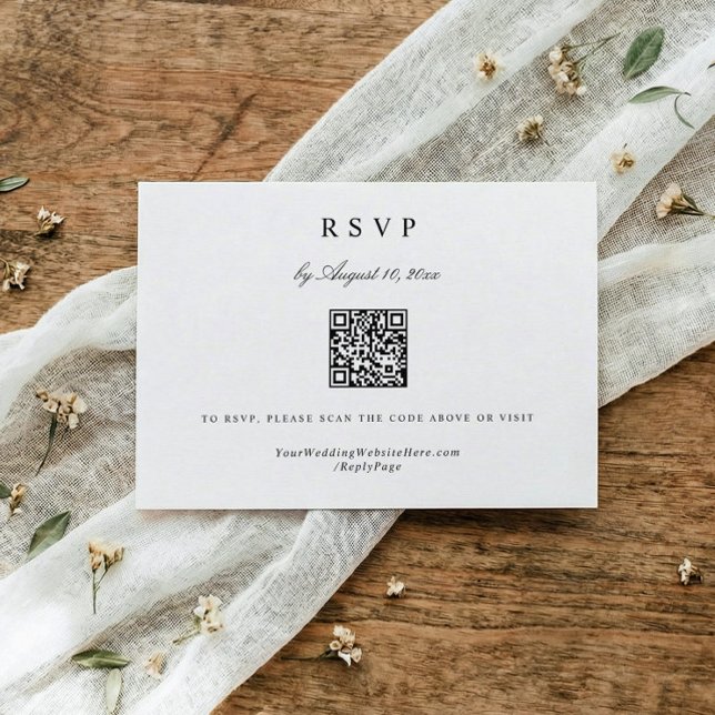Classic Simple Modern Elegant Wedding QR Code RSVP Karte (Black and white wedding RSVP card with elegant calligraphy and QR code for RSVP)