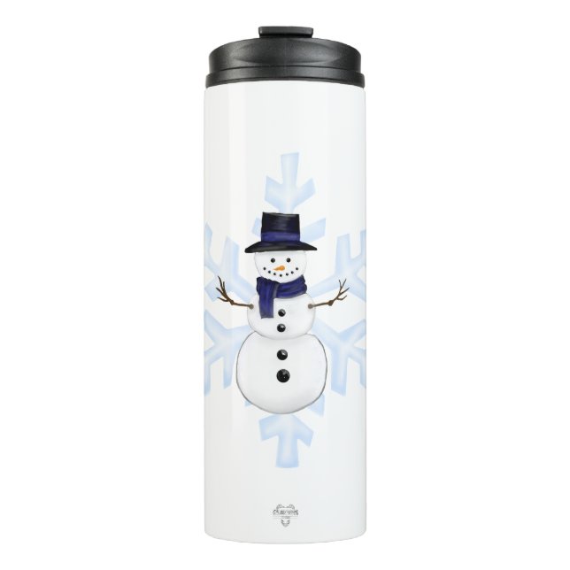 Classic Snowman Blue Scarf Blue Snowflakes Thermosbecher (Vorderseite)