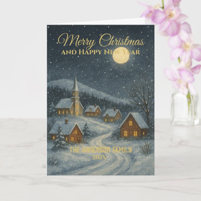 Classic Snowy Village Familienname Weihnachten Karte (Orchidee)
