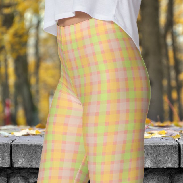 Classic Spring Green and Peach Karo Muster Leggings (Spring Green and Peach Check Pattern Leggings)