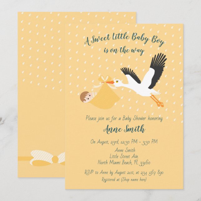 Classic Stork Baby boy Shower Invitation (Devant / Derrière)