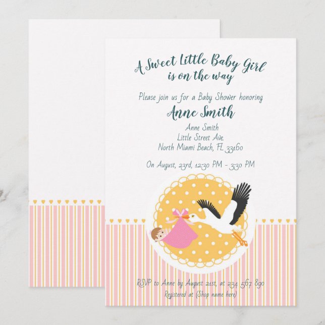 Classic Stork Baby girl Shower Invitation (Devant / Derrière)