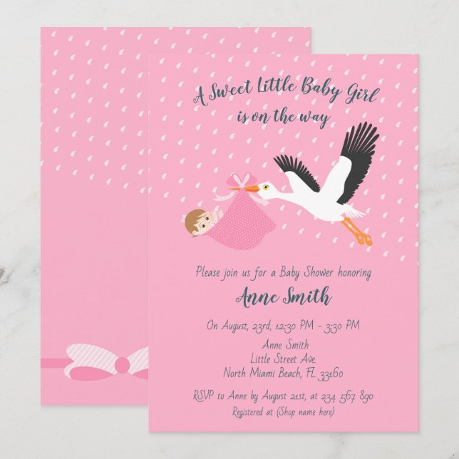 Classic Stork Baby girl Shower Invitation (Devant / Derrière)