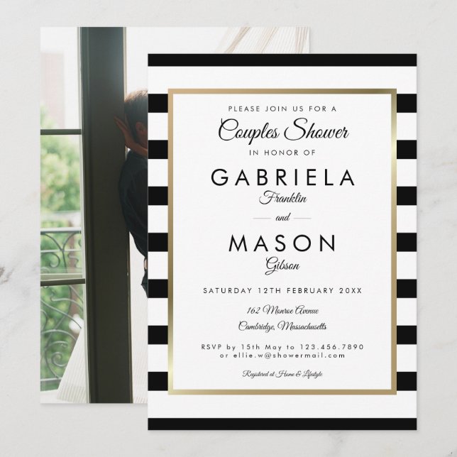 Classic Stripe Foto Wedding Couples Dusche Einladung (Vorne/Hinten)