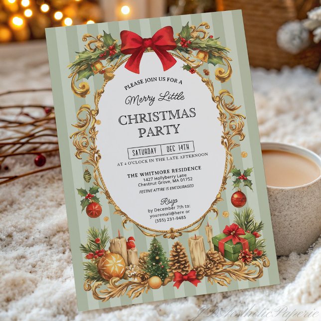 Classic Stripe Red Bow Christmas Party Einladung (Von Creator hochgeladen)