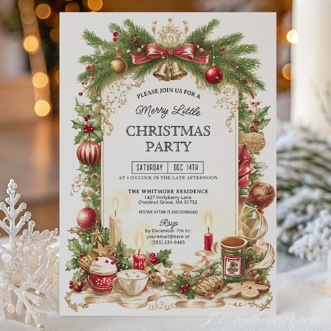 Classic Stripe Red Bow Christmas Party Invitation (Créateur téléchargé)