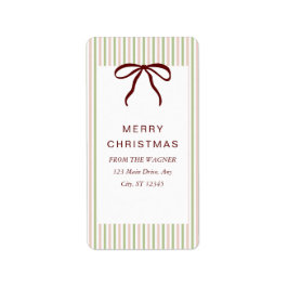 Classic Stripes Red Bow Merry Christmas Adressaufkleber