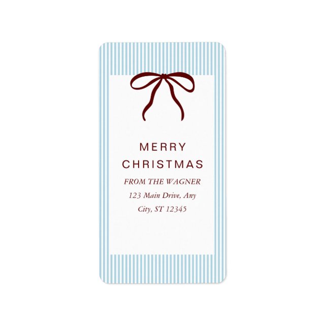 Classic Stripes Red Bow Merry Christmas Adressaufkleber (Vorne)