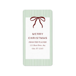 Classic Stripes Red Bow Merry Christmas Adressaufkleber