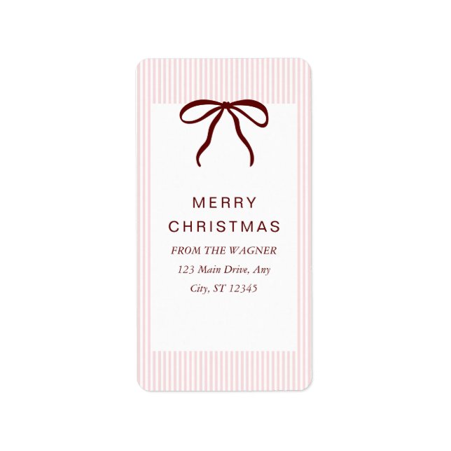 Classic Stripes Red Bow Merry Christmas Adressaufkleber (Vorne)