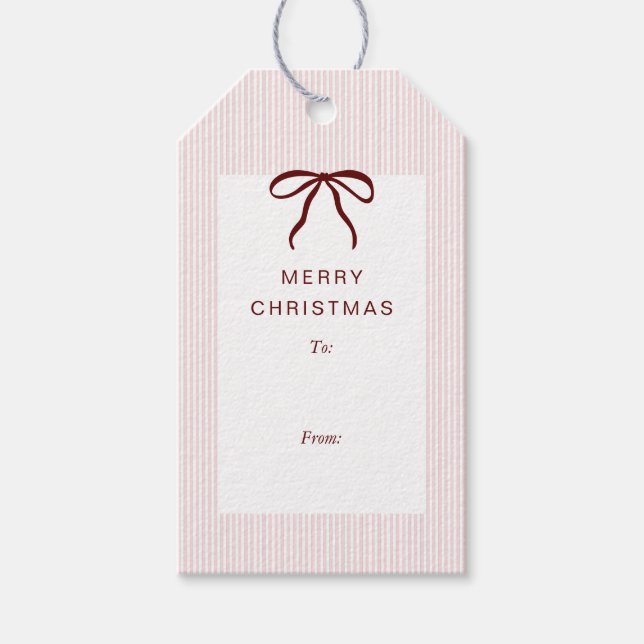 Classic Stripes Red Bow Merry Christmas Geschenkanhänger (Vorderseite)