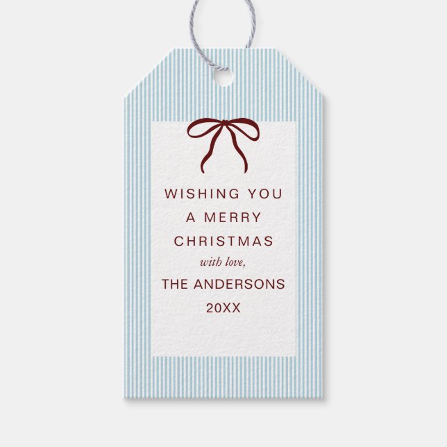 Classic Stripes Red Bow Merry Christmas Geschenkanhänger (Vorderseite)