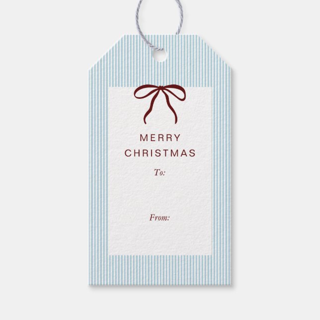 Classic Stripes Red Bow Merry Christmas Geschenkanhänger (Vorderseite)