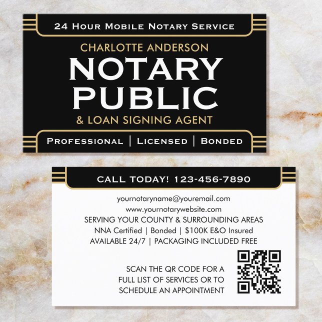 Classic Style Mobile Notary Public ID Black Gold Visitenkarte (Von Creator hochgeladen)