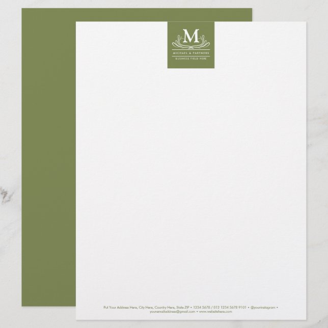 Classic Swirl Ornament Initial auf Rustikal Green Briefbogen (Vorne/Hinten)