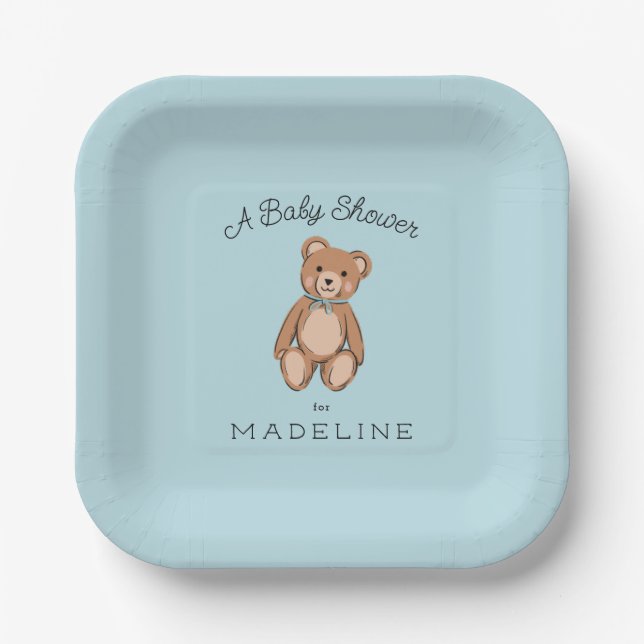 Classic Teddy Bear Blue Baby Dusche Pappteller (Vorderseite)