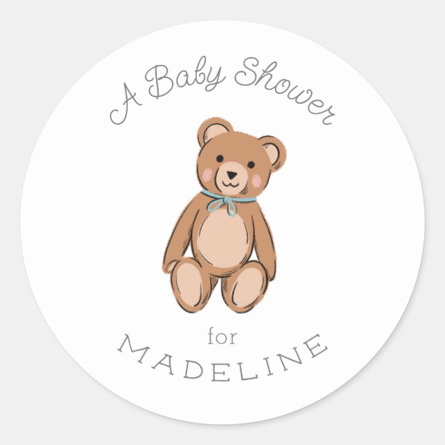 Classic Teddy Bear Blue Baby Dusche Runder Aufkleber (Vorderseite)
