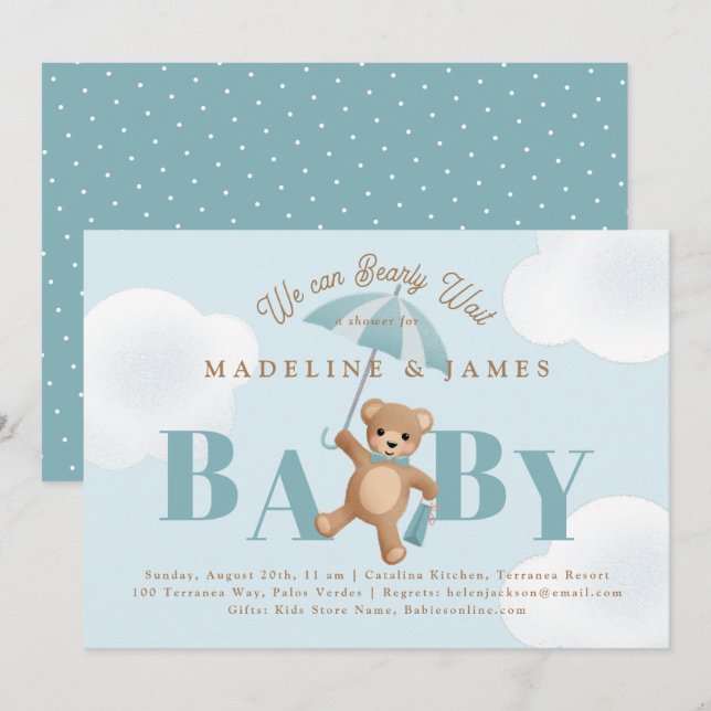 Classic Teddy Bear Blue Bearly Wait Baby Dusche Einladung (Vorne/Hinten)