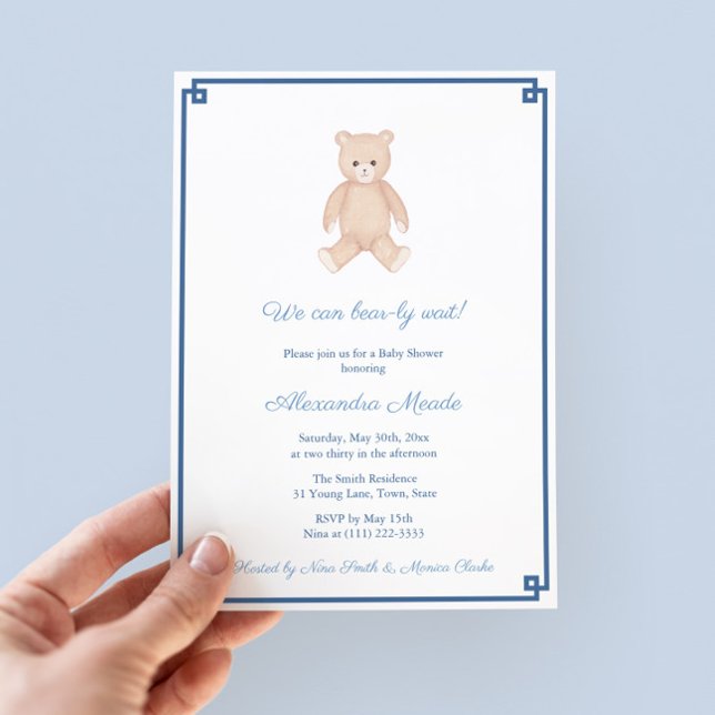Classic Teddy Bear Boy Baby Shower Party Einladung (Timeless Teddy Bear Baby Shower Invitation Design With Navy Blue And White Greek Key Backer)