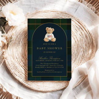 Classic Teddy Bear Green & Blue Plaid Baby Shower Einladung