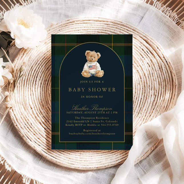 Classic Teddy Bear Green & Blue Plaid Baby Shower Einladung (Von Creator hochgeladen)