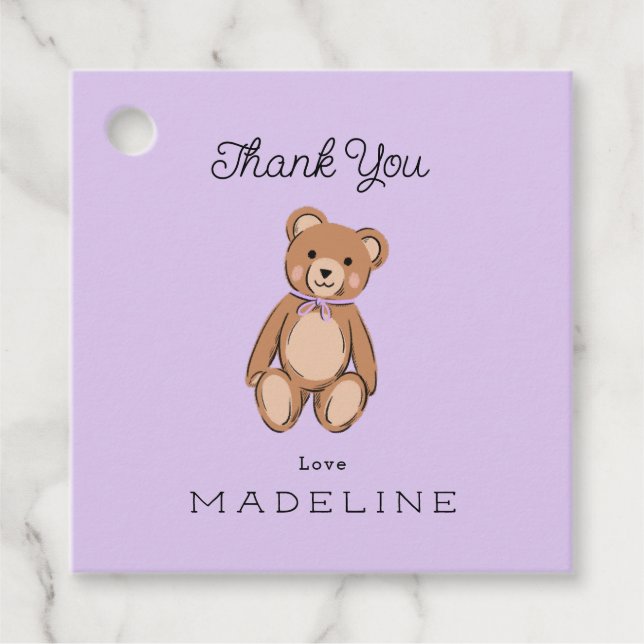 Classic Teddy Bear Lavender Lila Baby Dusche Geschenkanhänger (Vorderseite)