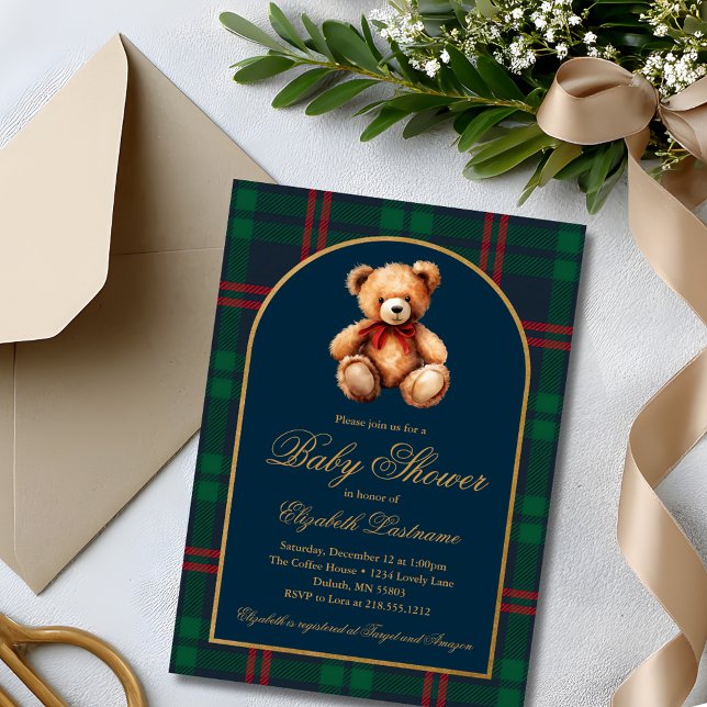 Classic Teddy Bear Navy Plaid Preppy Baby Shower Einladung (Classic Teddy Bear Navy Plaid Preppy Baby Shower Invitation)