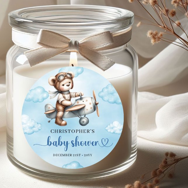 Classic Teddy Bear Pilot Blue Brown Baby Shower  Runder Aufkleber (Classic Teddy Bear Pilot Blue Brown Baby Shower Sticker

)