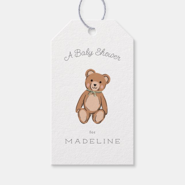 Classic Teddy Bear Sage Green Baby Dusche Geschenkanhänger (Vorderseite)