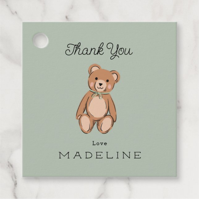 Classic Teddy Bear Sage Green Baby Dusche Geschenkanhänger (Vorderseite)