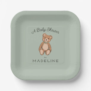 Classic Teddy Bear Sage Green Baby Dusche Pappteller