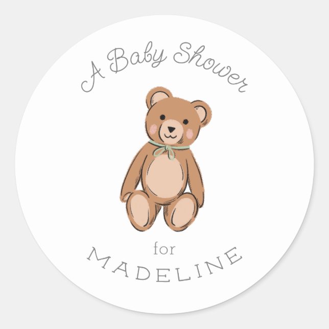 Classic Teddy Bear Sage Green Baby Dusche Runder Aufkleber (Vorderseite)