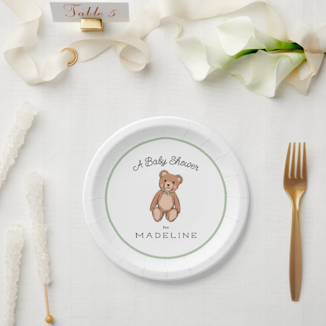 Classic Teddy Bear Sage Green White Baby Dusche Pappteller (Hochzeit)