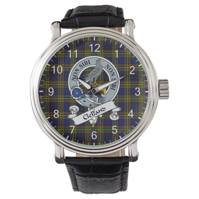Classic Timeless Clan Clelland Abzeichen Tartan Wa Armbanduhr (Vorderseite)