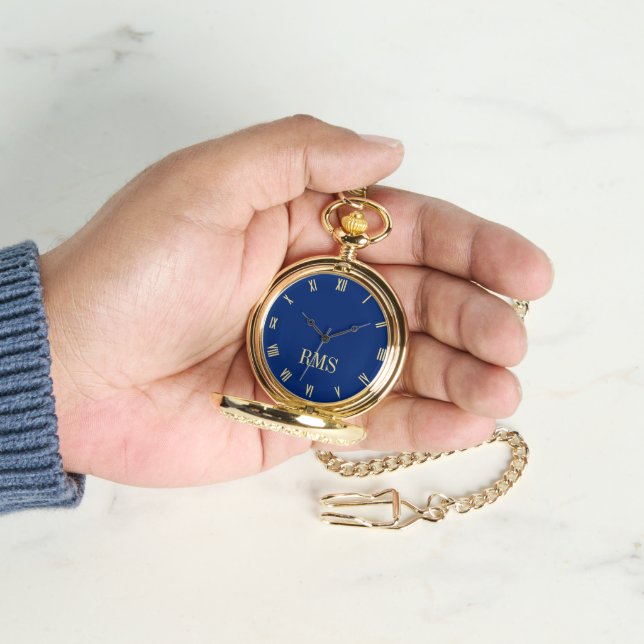Classic Timepiece Navy Blue Gold Monogram Pocket Armbanduhr (Hand)