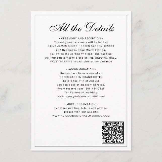 Classic traditional balck white wedding details begleitkarte (Vorderseite)