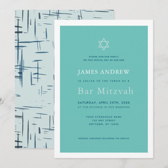 Classic Türkis Blue Bar Mitzvah Einladung (Vorne/Hinten)