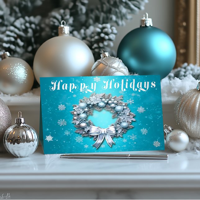 Classic Türkis Blue & Silver Wreath Weihnachten (Winter Blue  and Silver Wreath Happy Holiday Christmas Card )