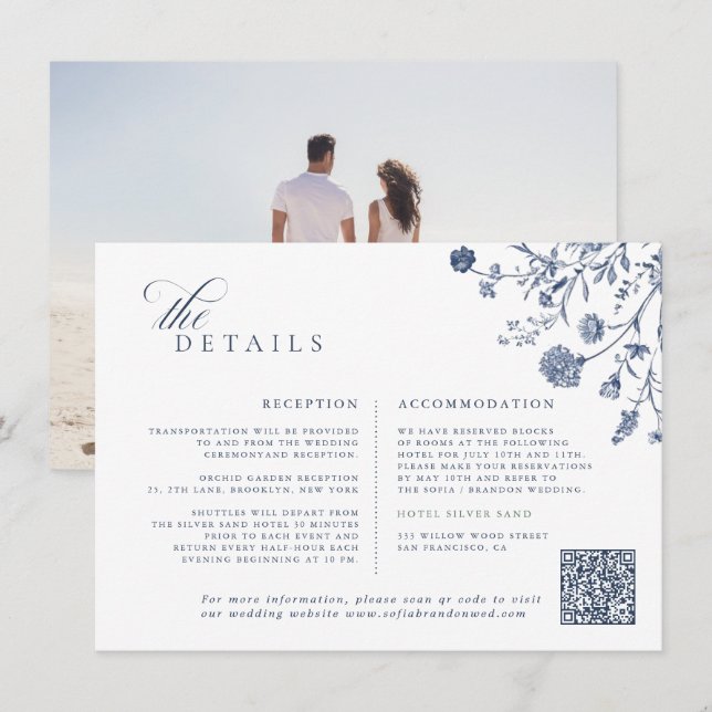 Classic Victorian Blue French QR Code Wedding Begleitkarte (Vorne/Hinten)